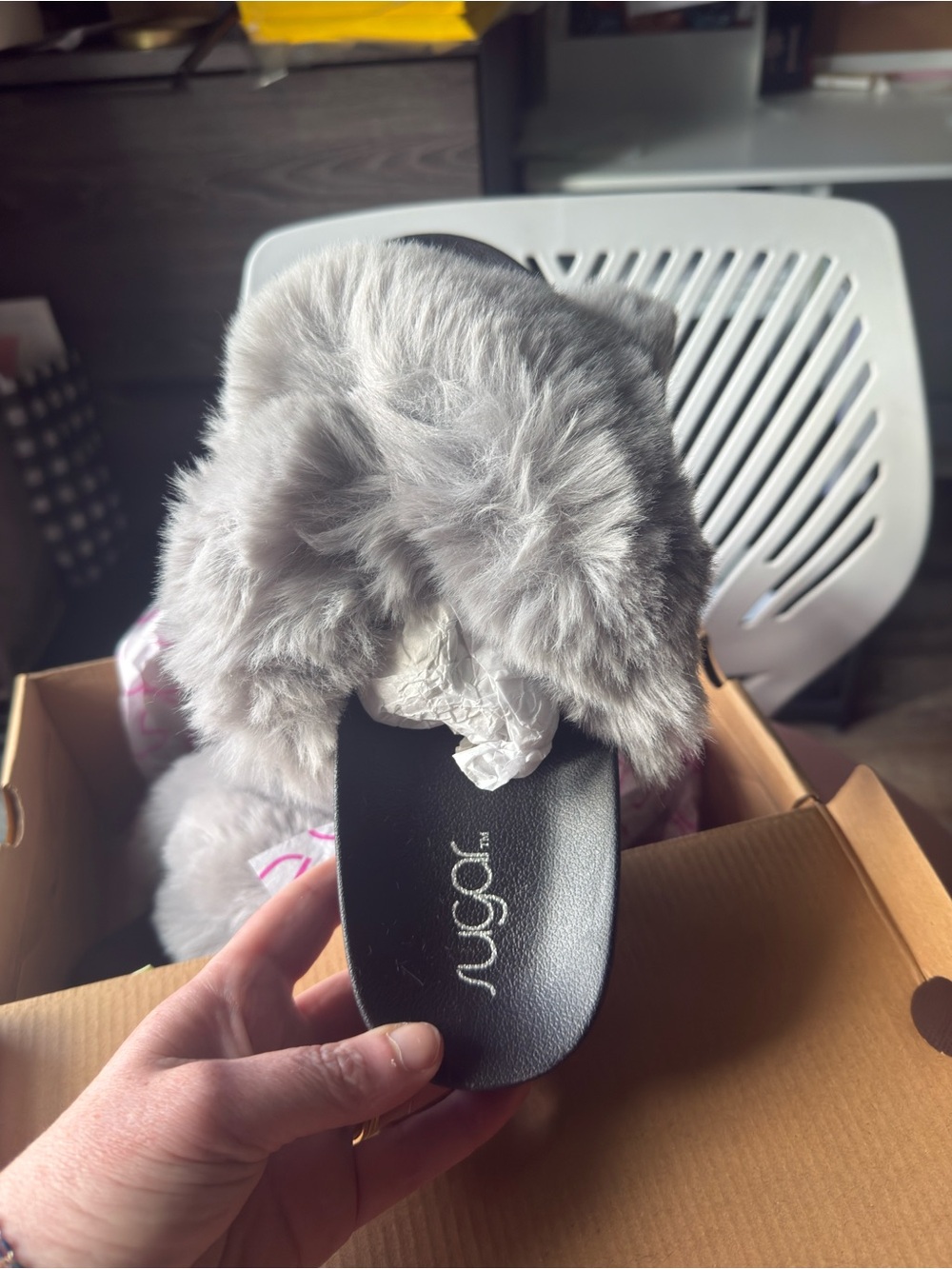 Sugar Gray Faux Fur Slide Sandals